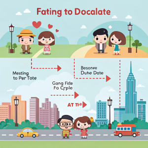 Infographic showcasing the dating process. Cute cartoon characters, vibrant cityscape background