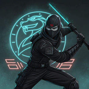 Snake Eyes from G.I. Joe, striking a fierce pose. Wears sleek black ninja outfit. Dark, futuristic backdrop with neon symbols