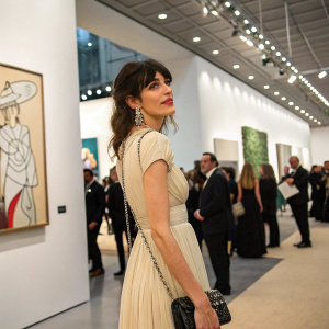 Lou Doillon, French actress, elegant pose, dark hair, wearing a vintage dress. Art gallery opening