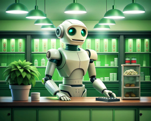 AI Robot as a Business owner, inside a store, with money