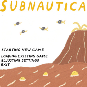 Menu screen from Subnautica. Blue ocean background with a vast underwater landscape featuring a colossal cliff. Numerous small sea creatures swim around. Options to start a new game, load existing game, adjust settings, or exit.