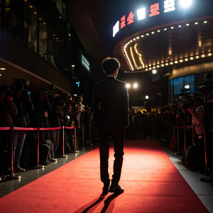 An enigmatic young man in silhouette at the 'Parasite' premiere. Dark venue with glowing red carpet. Fans and cameras everywhere