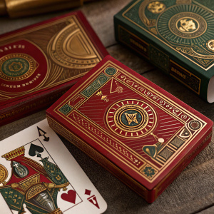 Close-up shot of Amazon's Spartans playing card deck. Richly detailed packaging with red, gold, and green accents. Intricate designs inspired by traditional and steampunk aesthetics. Premium cards displayed.