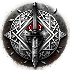 nordic sword and shield geometric symbols -  tattoo design - perfect realistic art - high-definition - grey and black - white background 