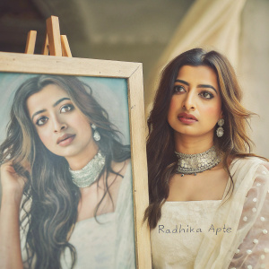 Digital portrait of Radhika Apte. Ethnic and traditional elements combined. Realistic makeup and accessories. Soft blue background. Artist's signature visible