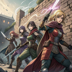 Intricate illustration of a squad of anime-style female warriors. Each character wears unique battle gear, displaying dynamic action poses. Weathered brick wall background.