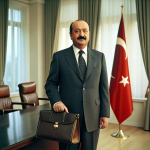 Draw a Turkish man interested in politics. Let the man have a bag in his hand. Let it be a meeting room.