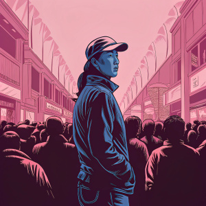 In-Kyung Kim, a professional golfer, standing in the middle of a bustling shopping mall. She wears casual attire and a baseball cap. The background is filled with people and shops.