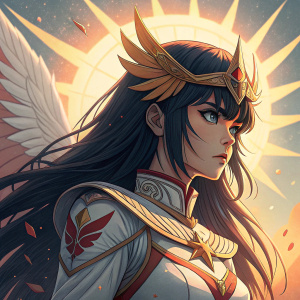 Digital artwork of Queen Satsuki Kiryuin from Kill La Kill. Young female character with fierce expression, long dark hair, intricate anime-inspired attire. Warm sun-like effect with radiant light rays. Detailed line work and vibrant color scheme. Background features a gradient of warm tones.