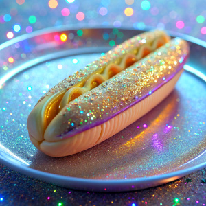 
 close light pastel  very much glitter sparkly intense crystal effect fantasized glam Sprinkle Tableware hot dog in the plate Shimmering Bioluminescent fairytale masterpiece  Magical Holographic  Glossy Bioluminescent iridescence  Shimmering Holographic   Foil Glossy Patent Spandex Vinyl  