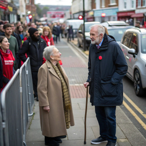 Jeremy Corbyn and an elderly woman in a coat and cane, standing outside a polling station. Crowded street with people and vehicles