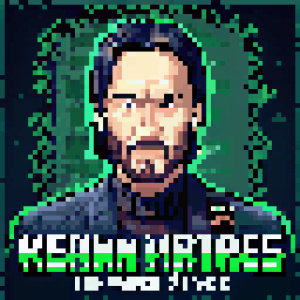 Keanu Reeves's character from the movie 'The Matrix' and the name of the movie on top.