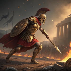 Spartan warrior, dynamic action pose. Golden armor, red skirt, spiky helmet crest. Battleground with fallen foes, flaming torches
