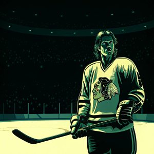 Brandon Saad, dressed in Chicago Blackhawks jersey, intense gaze, holding hockey stick. The ice rink filled with spectators in the background.