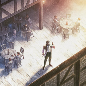 Aellar Lathalas, a skilled bard, in a bustling tavern. Wears elegant attire and a prominent mustache. Surrounded by adventurers and patrons.