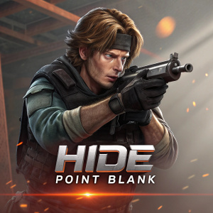Game character from Point Blank, fierce look, holding firearm, mid-action stance. 'HIDE POINT BLANK' logo beneath