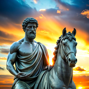 create me an ebook cover on Stoicism, for quotations, balck a greek style marble statue of Marcus Aurelius, twilight, eclipse, rushing fire, stoicism,Full-body