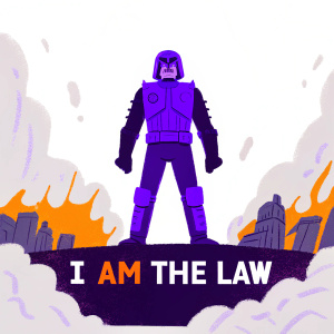 Digital illustration for a Judge Dredd movie poster. Judge Dredd stands prominently in the center. Silhouette against a chaotic, fiery cityscape. Dramatic red and grey color scheme. Bold text 'I AM THE LAW' at the bottom.