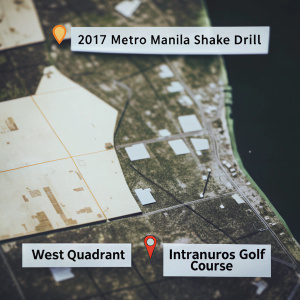 Grayscale map of the 2017 Metro Manila Shake Drill. West Quadrant highlighted with affected areas, command centers, and Intramuros Golf Course. Educational tool for disaster preparedness.