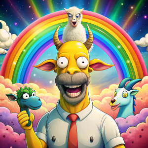 Crear homero simpson con cabeza de cabra, con brazos de delfín que escupan arcoiris y que tenga piernas de rana