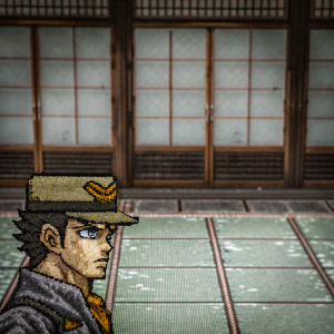 Jotaro Kujo, from JoJo's Bizarre Adventure, pixel art style. Determined face with punk cap, in a vibrant, colorful game scene.