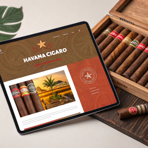 Digital marketing layout for Havana Cigars featuring rustic imagery, vibrant hues, and a blend of modern and vintage aesthetics.