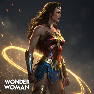 Digital artwork of Wonder Woman. Glowing aura, heroic pose, detailed muscles, costume with gold, blue, red accents. Dark background, Wonder Woman logo