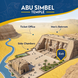 3D virtual tour of Abu Simbel Temple. Interactive map featuring main attractions. Yellow, blue, and beige colors scheme. Ticket office, men's restroom, exit, and side chambers highlighted. Arabic text included.