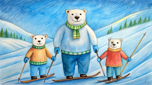 polar bear family skiing on the ice background kid's style