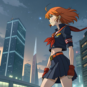 Ryuko Matoi, from the anime 'Kill La Kill', posing confidently. Her vivid orange hair flows as she stands against a futuristic cityscape.