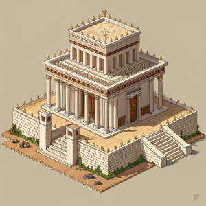 Detailed pixel art depiction of an ancient temple. White columns, grand entrance, central area with smaller structures, earth-toned colors