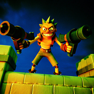 Junkrat, with a wide grin and intense look, standing ready for battle. Dark and gritty background, vibrant colors