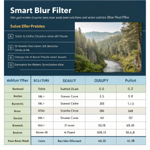 Technical guide on Smart Blur filter in Adobe Photoshop. Detailed explanation, including filter properties and application steps. Structured layout with headers and table sections.