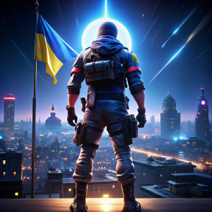 Skin de fortnite mirando hacia el horizonte, de espaldas, en la noche, bandera ucraniana colgando edificios iluminados