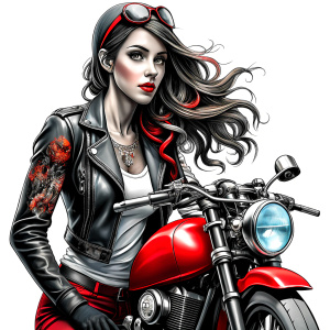 motorcycle bikergirl tattoo design - perfect realistic art - high-definition - grey and black - white background 