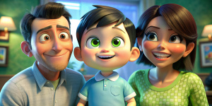 Un niño pequeño, ojos verdes, pelo negro, camiseta celestes. feliz con sus padres .Disney Pixar 3D