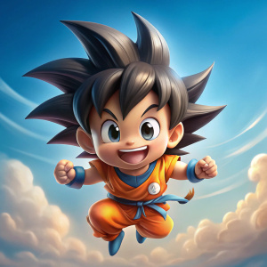 goku pequeño, volando, atacando, sonriendo, cabeza grande, grandes ojos