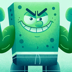 A detailed black and white sketch of muscular SpongeBob SquarePants, depicted in an aggressive stance, set against a plain white background.
