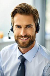 Handsome male call center operator in headset working in modern office. Hotline support service concept