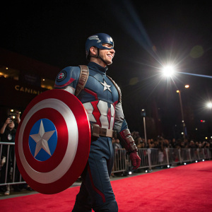 Chris Evans in Captain America costume, holding the shield. Red carpet event, bright spotlights