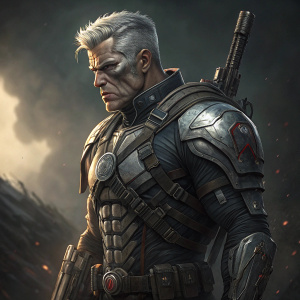 Concept art of a male character from Deadpool 2, Cable. Futuristic design with integrated metallic suit, predominantly gray with intricate patterns and metallic accents. Dark, ominous background