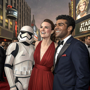 John Boyega, Daisy Ridley, and Oscar Isaac attending a Star Wars premiere. Hollywood Boulevard in the background