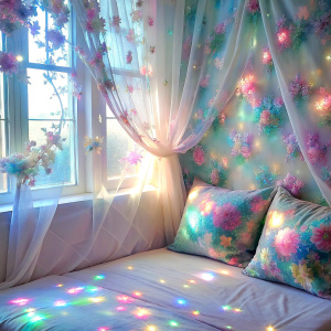 close up Sara Shakeel creates  sparkle Crystal print bed window real retro light pastel bed window flowers curtain 
very light pastel    Intensive Acrylic Amazing light reflections 
