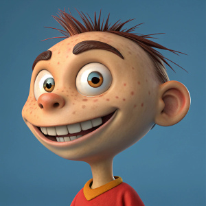 3D render of Ed from Ed, Edd n Eddy. Close-up view highlighting his broad forehead, large expressive eyes, and a wide grin. The texture has a bumpy appearance with minor imperfections, set against a solid blue backdrop.