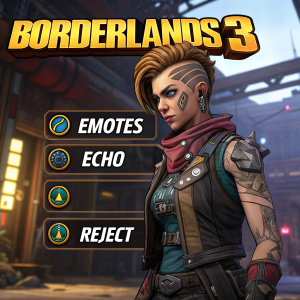 In the Borderlands 3 game menu, players can customize their character's appearance with options for head skin color, emotes, and echo themes. There's also a reject button to undo changes.