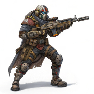 In the game Borderlands 3, a COV Heavy warrior, wearing advanced armor and holding various weapons including assault rifles, heavy machinery, and magical artifacts.