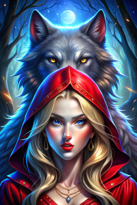 hombre lobo licántropo, con una mujer con capucha roja, blanca rubia de ojos azules
