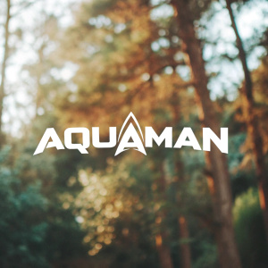 Aquaman's logo in sleek silver and bold font on a dark blue backdrop.