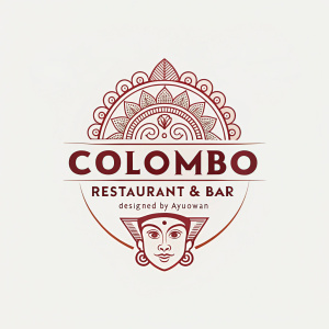The logo for Colombo Restaurant & Bar, designed by Ayuowan. Features a stylized face with Sri Lankan cultural motifs. The name 'Colombo' is displayed at the top, with the restaurant's full name and designer's name below. The background is a soft grey.