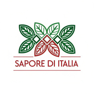 Stylized logo for a new Italian restaurant named 'Sapore di Italia'. Bold, green leaf design intertwined with geometric shapes. 'Sapore di Italia' in red, modern font.